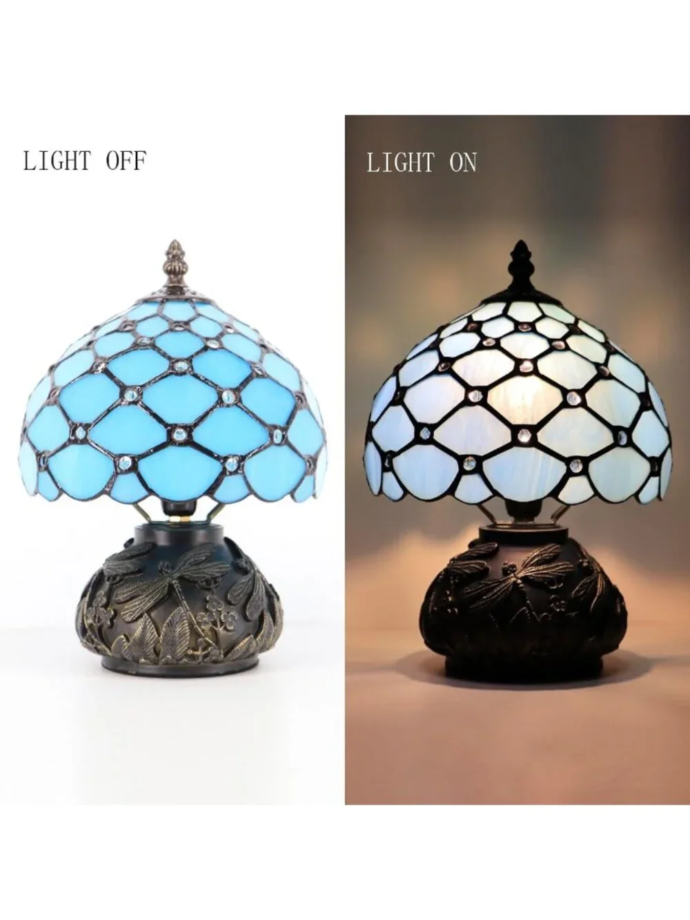 Charming Mini Mushroom Table Lamp - Antique Style, Sea Blue Beads, 8x11 Inch